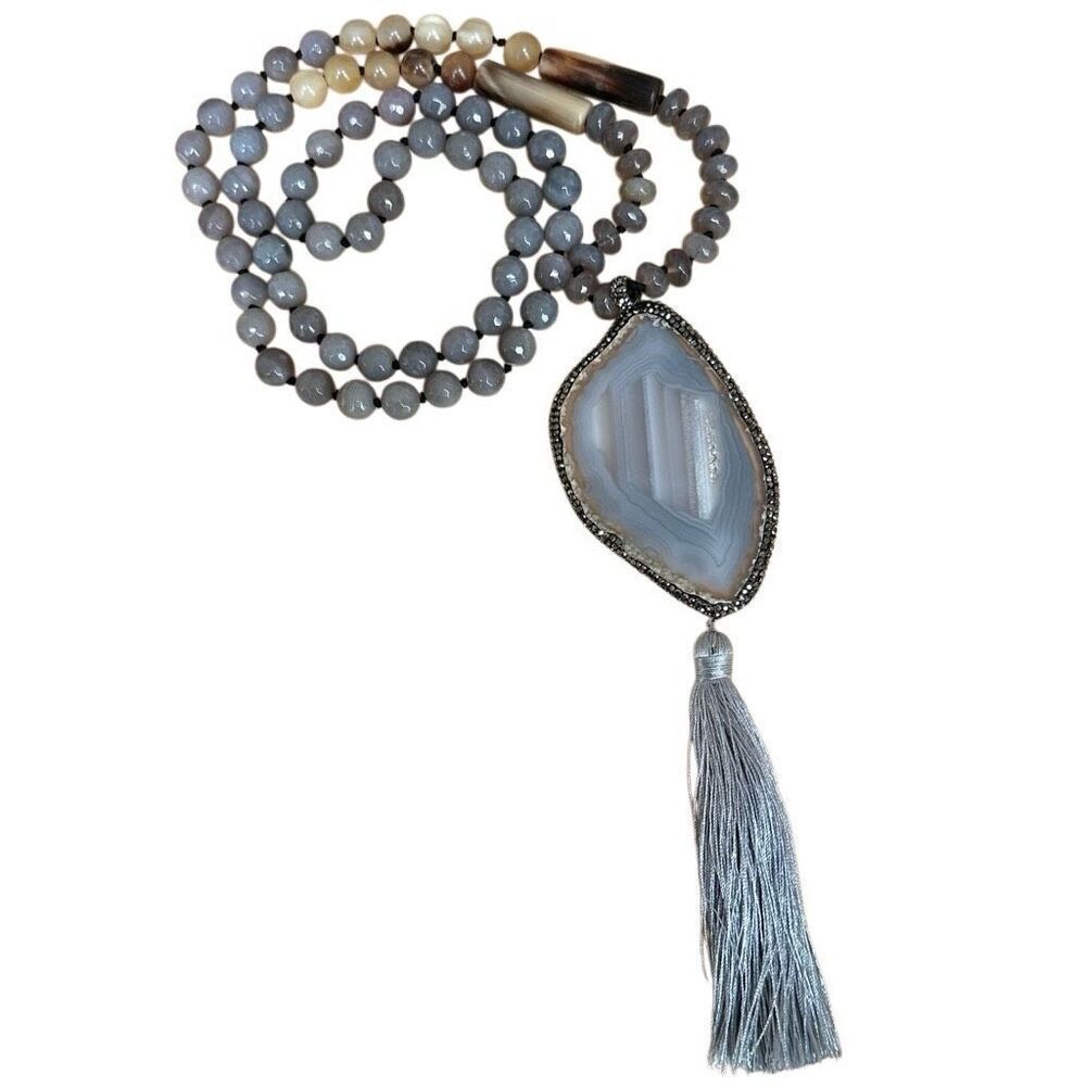 Gray Agate & Horn Beaded Tassel Necklace with Crystal Pendant - Picture 2 of 12